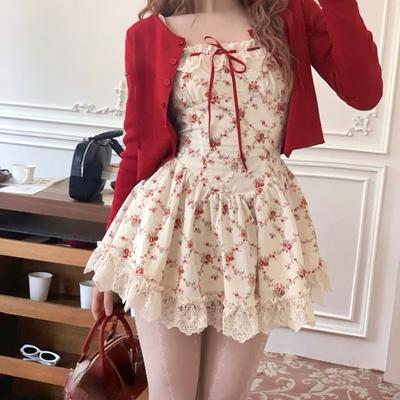 Süßes Blumenkleid-Set Frau Lässig Rot Kurze Strickjacke Elegantes Spitzen-Minikleid Weiblich Koreanisch Prairie Chic Kleidung Anzug