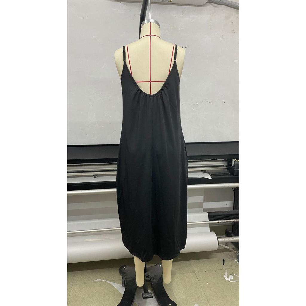 Women's Solid Color Low-cut V-neck Loose Laxy Style Sling Dress, Slimming Spring Summer Casual Dress for Foreign Trade