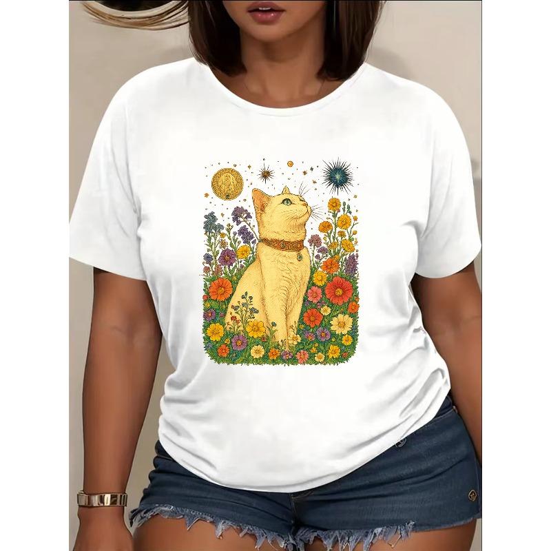 

Women s Round Neck Short Sleeve T-Shirt Floral Fantasy Cat Print Casual Multiple Colors Spring Summer Essential Top S белый