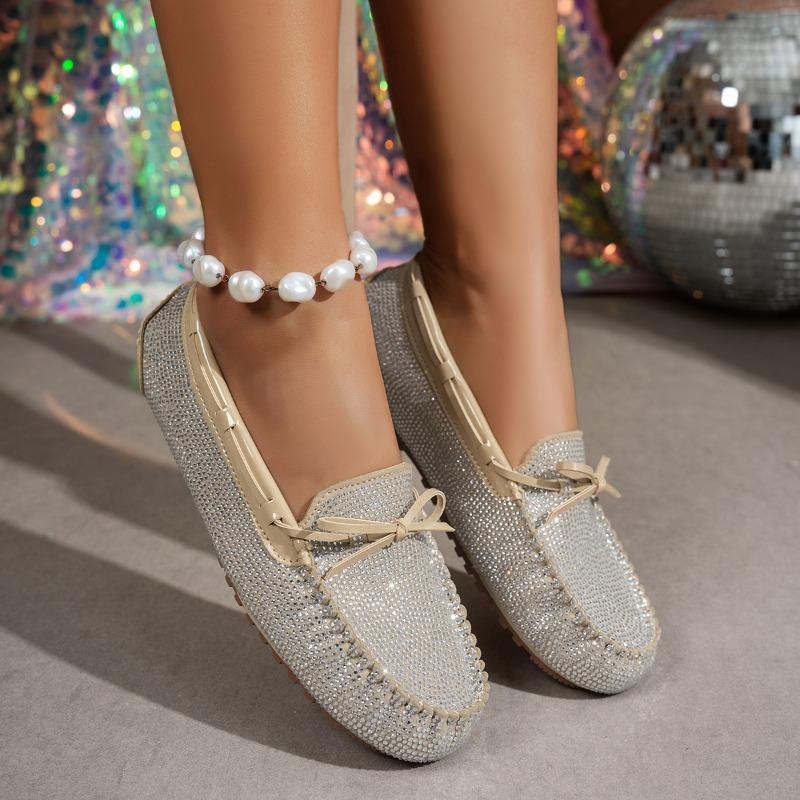 Spring new bow strap snake pattern bright rhinestone beanie shoes flat heel casual driving shoes casual women's single shoes
