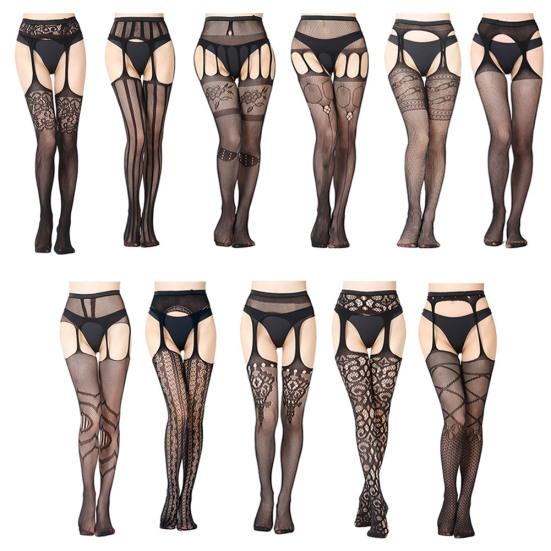 Dámské erotické punčochové kalhoty s otevřenou krajkou v rozkroku podvazkové punčochové kalhoty
