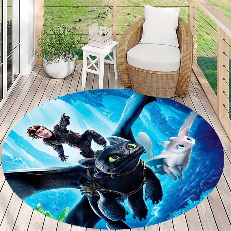 How To Train Your Dragon Character Print Round Area Rug Non‑Slip Floor Mat Fantasy Movie Home Decor for Gaming Bedroom