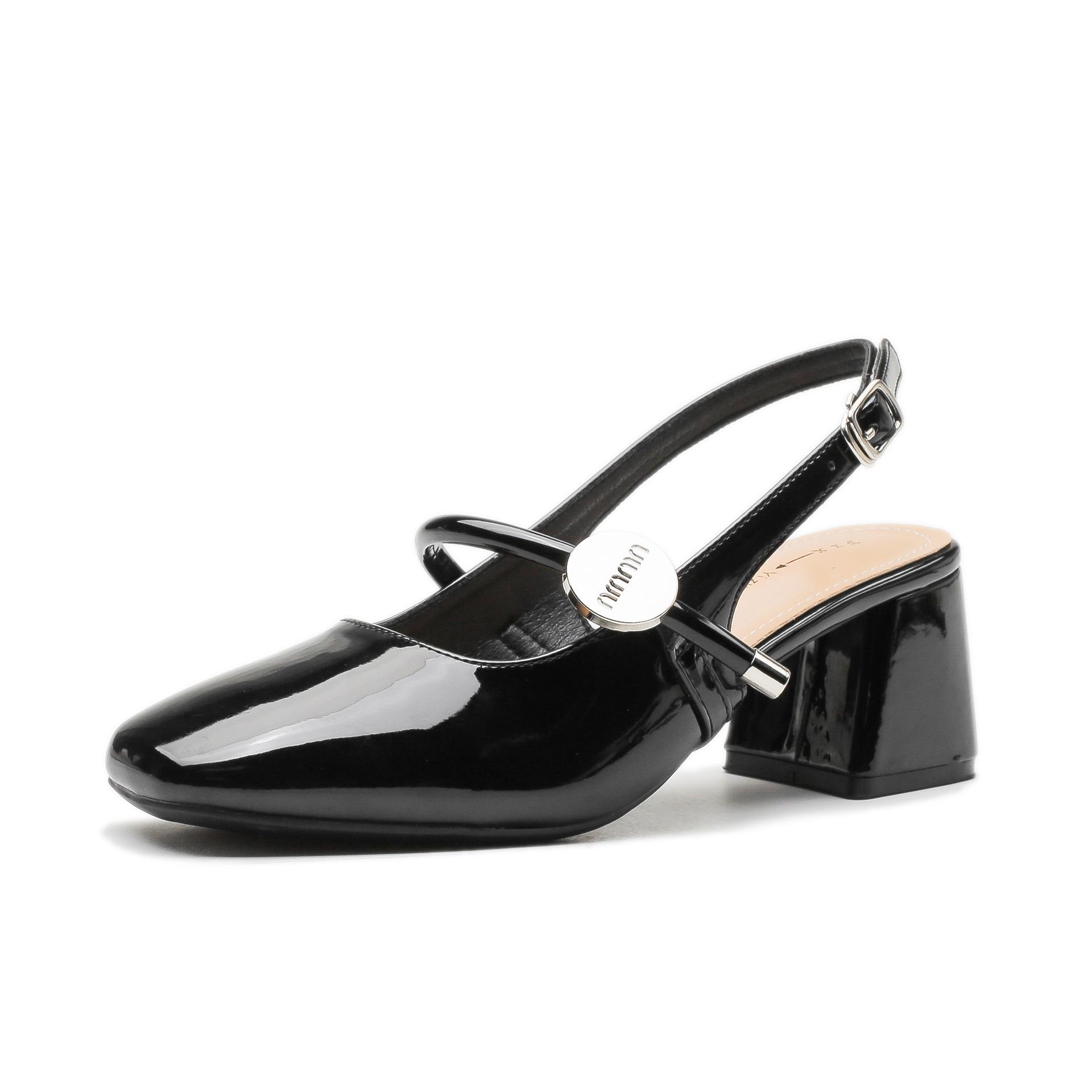 Sandales en Cuir 6CM à Bout Fermé pour Femmes Style Mary Jane Féerique Été Talon Moyen Bride Française Une Longueur Talon Épais Chaussures Courtes 36 black