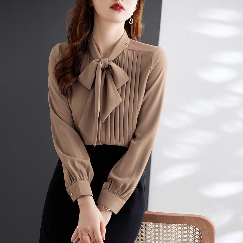 Lace Up Chiffon Long Sleeved Shirt for Women with Irregular Bow Collar Design