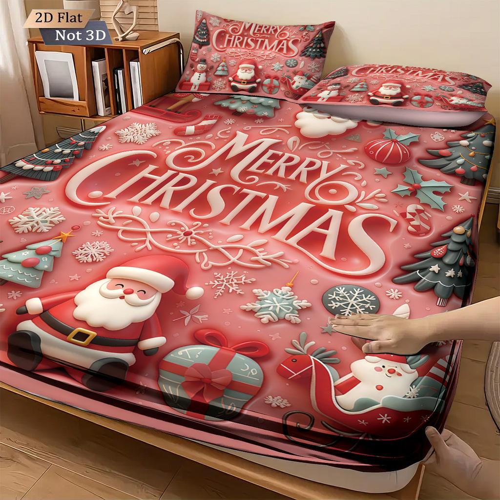 3pcs imitation relief pink Santa Claus print coreless bed sheet set multiple size bed cover bedroom bedding decoration