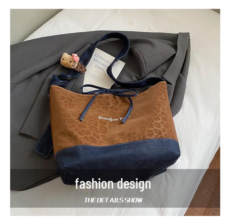 Retro Leopard Patchwork Denim Tote - Large Capacity Crossbody & Casual Shoulder Bag