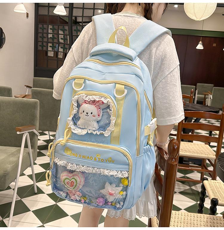 Süßer Farbblock Ita Rucksack für Junior- und Highschool-Mädchen - Transparent, Großes Fassungsvermögen, Dekompressionsdesign, Ins-Stil