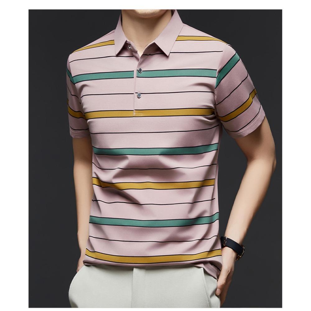 Short Sleeved Men's Polo Shirt Summer New Business Casual Striped Thin Ice Silk T-shirt Base Shirt