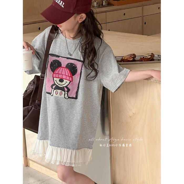 Girls Summer Loose T Shirt Dress with Cartoon and Lace Trim 110