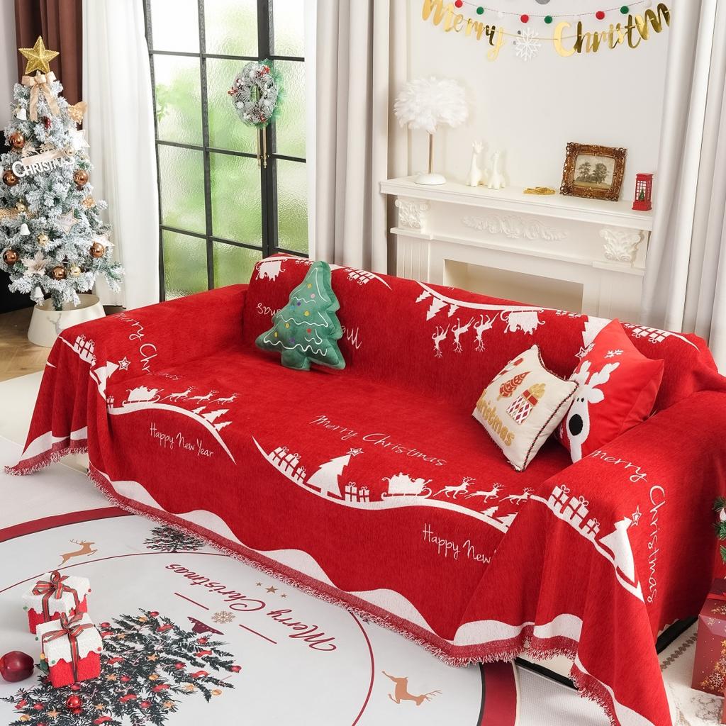Christmas Tree Jacquard Chenille Sofa Towel with Tassels Holiday Decor for Living Room Couch Cover