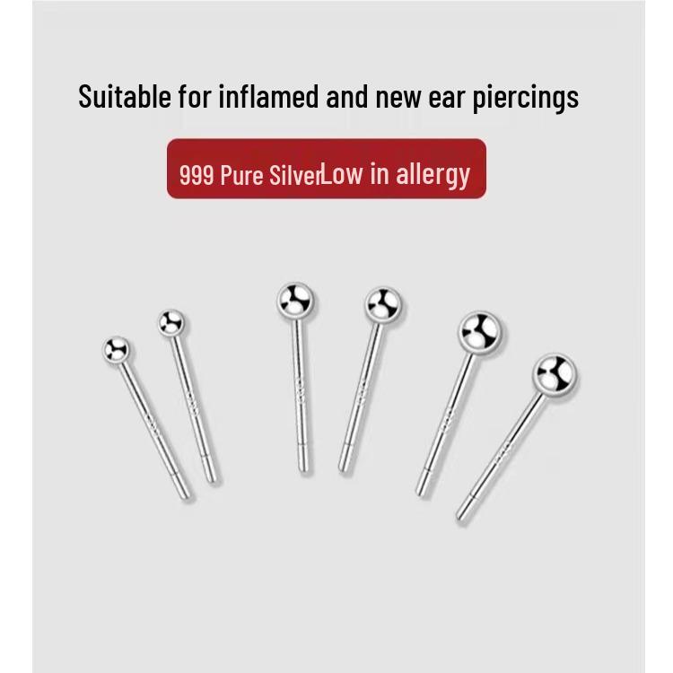 S999 Pure Silver Round Stud Earrings for Women - High-End Cartilage and Ear Piercing Needles to Prevent Clogging