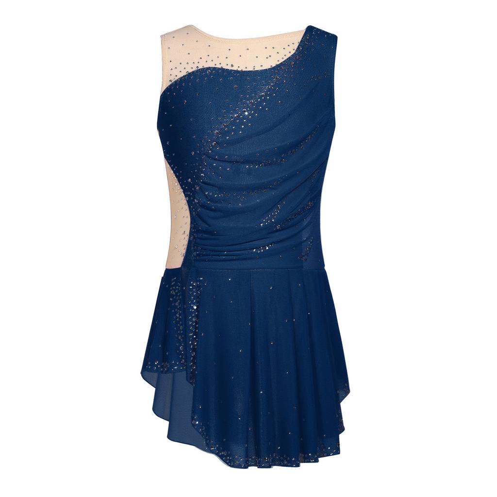Girls Figure Skating Dress Sleeveless Sparkly Rhinestones Ruched Mesh Built In Briefs Dancewear