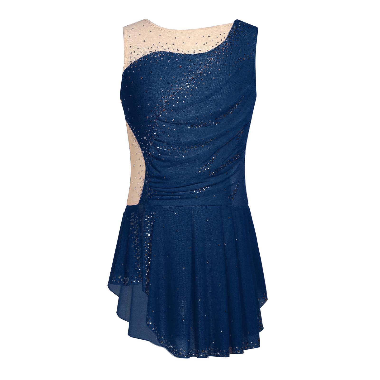 Mädchen Eiskunstlaufkleid Ärmellos Funkelnde Strasssteine Raffung Netz Eingearbeiteter Slip Tanzbekleidung 5-6 Years navy blau