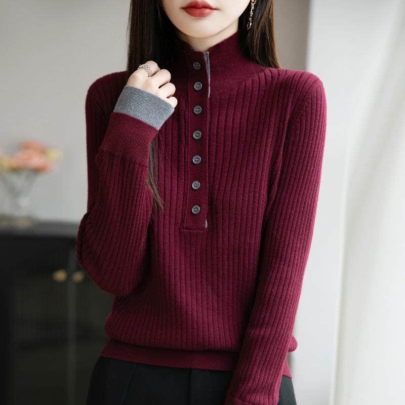 Women's V-Neck Wool Sweater - Half Button Color Block Pullover for Autumn/Winter