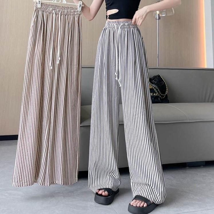 Two-Tone Vertical Stripe High-Waist Casual Wide-Leg Pants