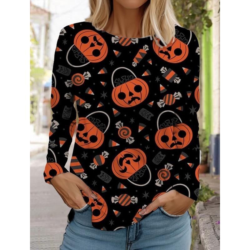 Halloween Women's Long Sleeve Cute Pumpkin Head 3D Pattern T Shirt 2024 Autumn Fashion Women's Top Harajuku Pullover Clothing