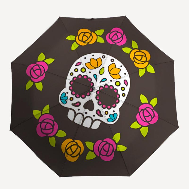 

1pc Sugar Skull Roses Automatic Folding Umbrella, 8-Rib Sturdy Canopy, Portable Travel Umbrella for Outdoor Use