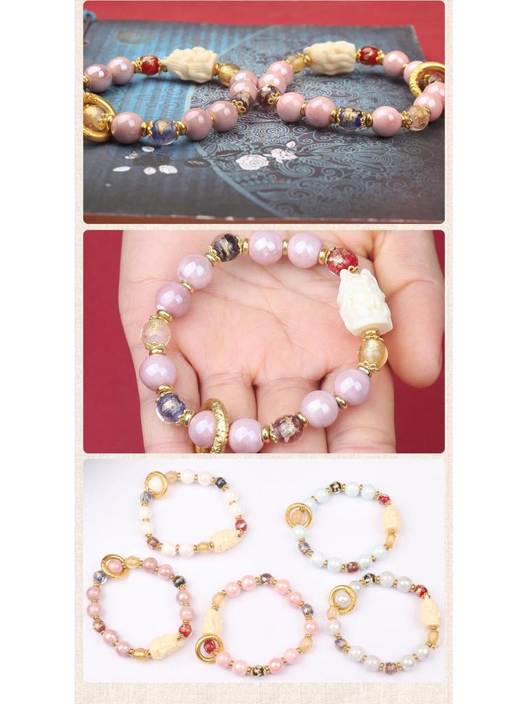 Beijing Nine-Tailed Fox Ceramic Bracelet: Incense Ash Glazed Court Style with Beads