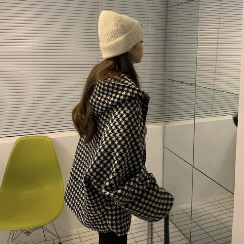 Dámska retro vlnená bunda s kohúťou stopou, top s kapucňou, voľný strih, trendy