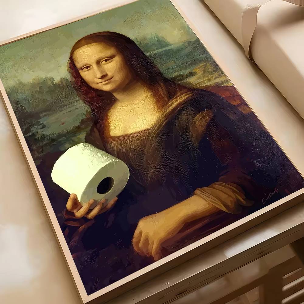 Funny Bathroom Toilet Decoration Painting Mona Lisa Wearing Pearls Girl With Roll Paper Canvas Prints Posters Home Wall Decor