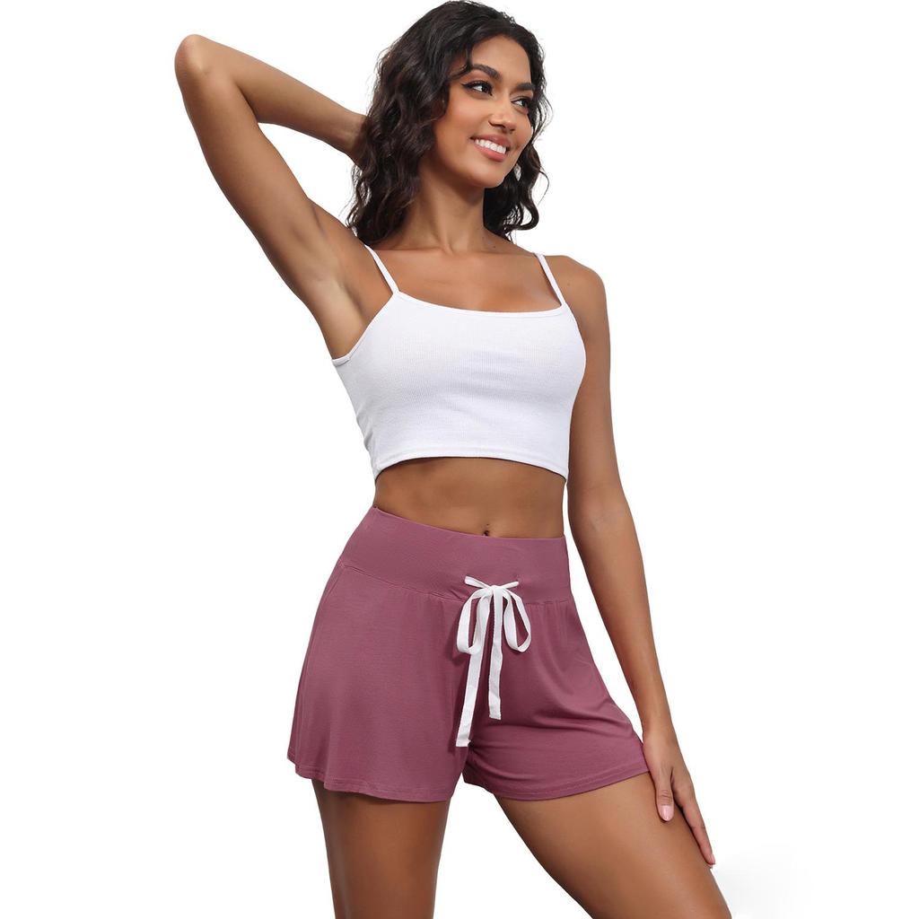 Women’s Shorts Rayon Solid Color Half Pants Sporty Yogo Bottoms High Waist with Drawstring Casual Wear