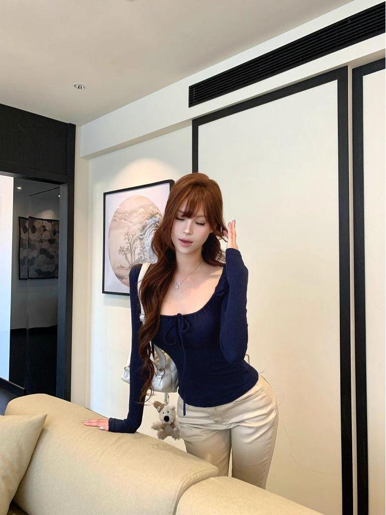 Korean Style Tie-Up Long-Sleeve T-Shirt for Women - Slim Fit Base Layer Top for Autumn/Winter