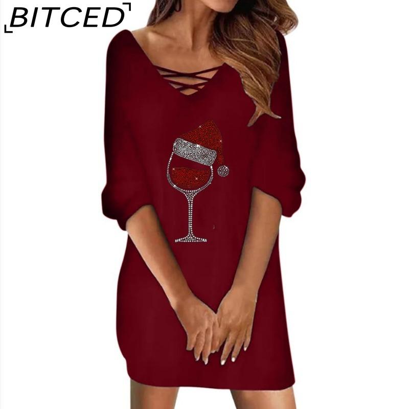 

BITCED Женская мода Весна Осень Однотонный принт Длинный рукав V-образный вырез Высокая талия Повседневные платья XXL бордовый