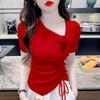 Flower Short-sleeved T-shirt Summer Women's Outfit Irregular Folds Slim-fitting Knitted Top
