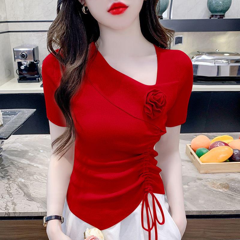 Flower Short-sleeved T-shirt Summer Women's Outfit Irregular Folds Slim-fitting Knitted Top