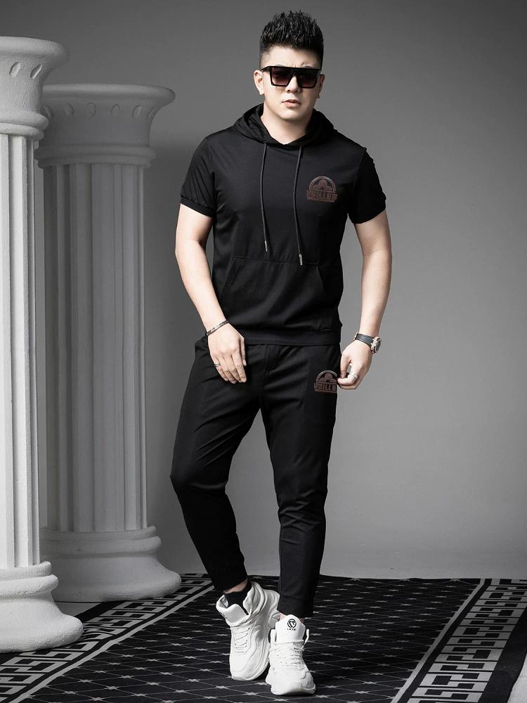 Ozhouzhan Hood Short Sleeve Hoodie Casual Set Men's Summer Fashion Brand Print Half Sleeve T-shirt Trousers Two-piece Set