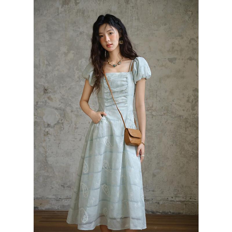 Mixiu Embroidered Linen Blend Square Neck Dress L