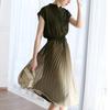 Stand Collar V-neck Flying Sleeve Elastic Waist Drawstring Summer Dress Gradient Color Pleated Flowy Hem Midi Dress Female Clothes