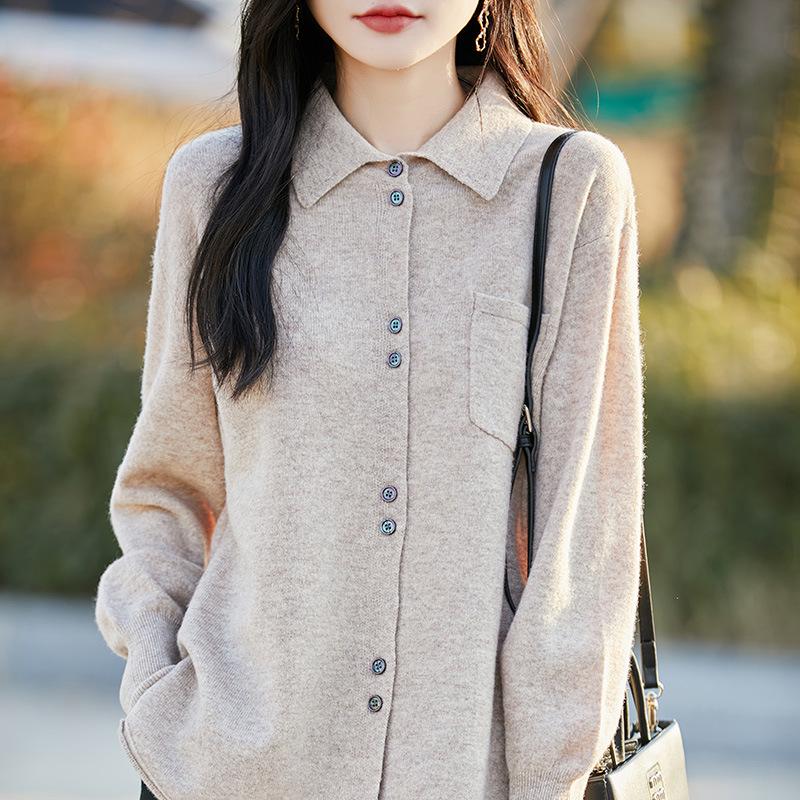Women's Pure Wool Knit Cardigan Jacket - Spring/Autumn 2025 POLO Collar, Korean Style, Slimming, Loose Fit, Button-Up Sweater