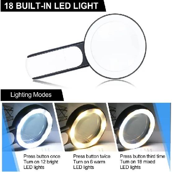Magnifying Glass 18 LED Lights 30X Double Glass 3 Modes High Power Lens Handheld Illuminated Magnifier Reading Tool