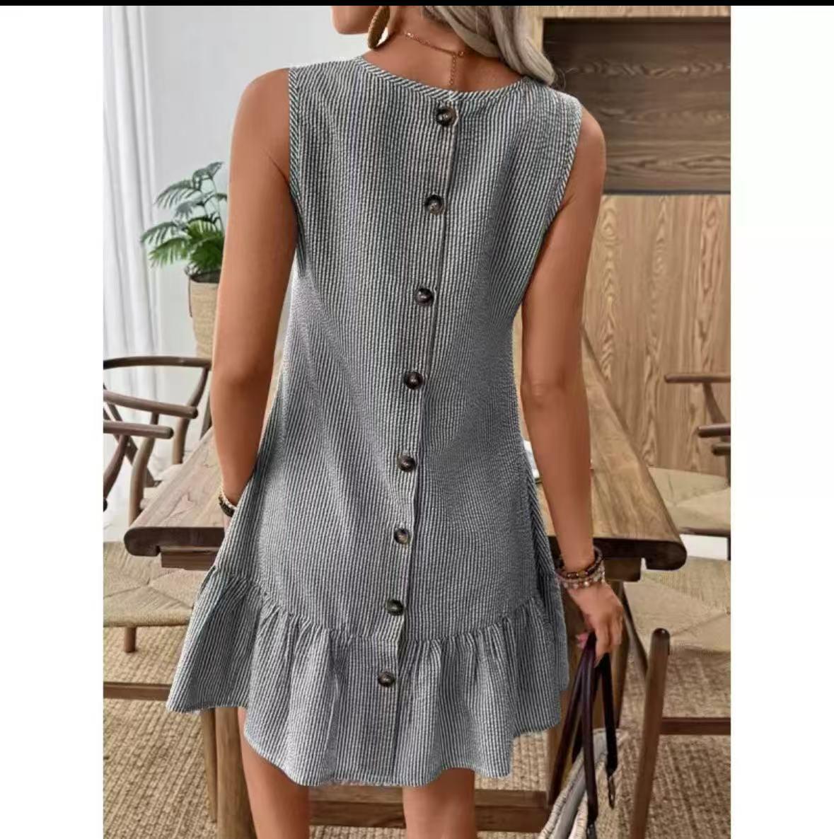 

2026 Women s Casual Striped Button-Back Mini Dress - Vacation Style XXL