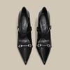 2026 New Summer French Black Pointed Patent Leather Mid-heel Overhead Sandals for Women Retro Skinny Heel Back Empty Shoes