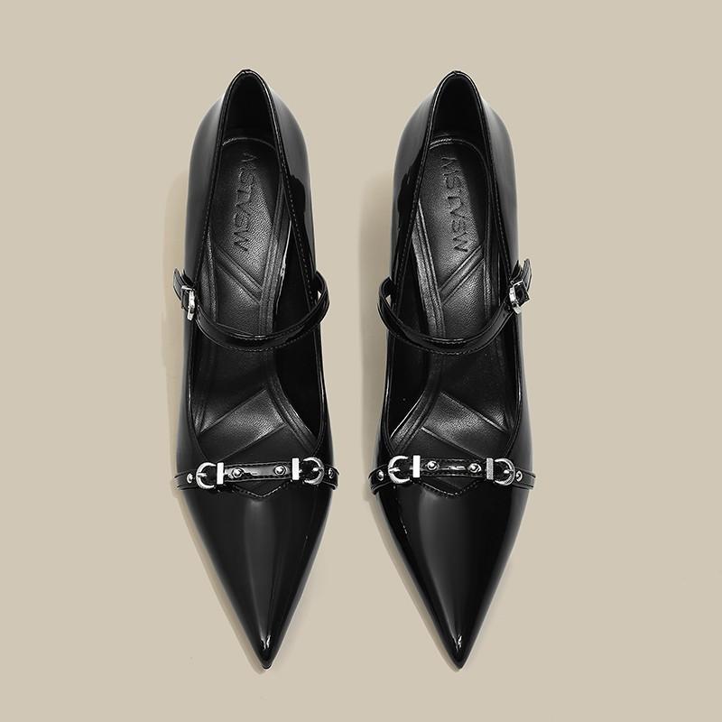 2026 New Summer French Black Pointed Patent Leather Mid-heel Overhead Sandals for Women Retro Skinny Heel Back Empty Shoes