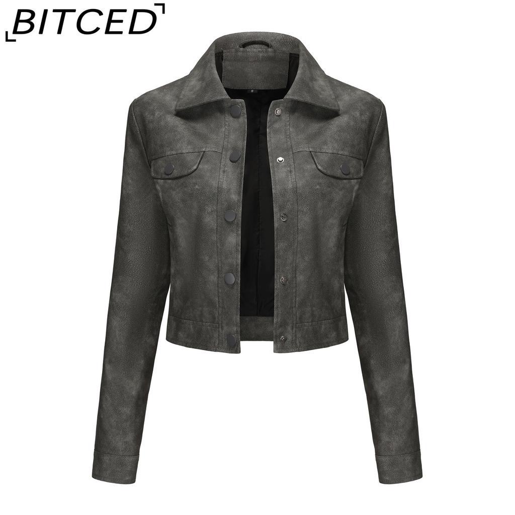 BITCED Spring/Autumn Lightweight Leather Jacket for Women Multi-Pocket Cardigan Style Casual Jacket Fashionable Trendy Everyday Outerwear
