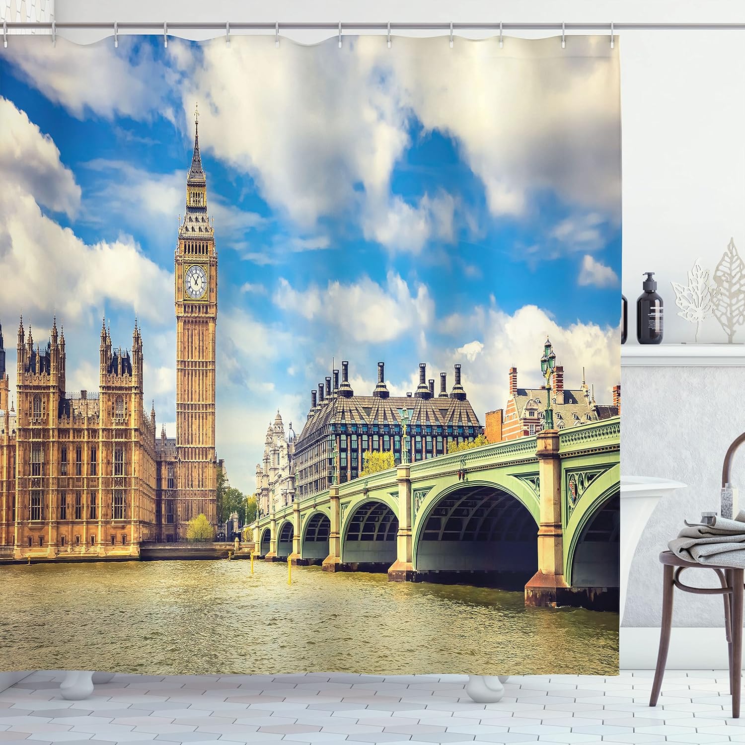 Big Ben Shower Curtain with Hooks – London Westminster Bridge & Clock Tower, Spring Cloudy Sky Bathroom Decor 90x180cm35x71in