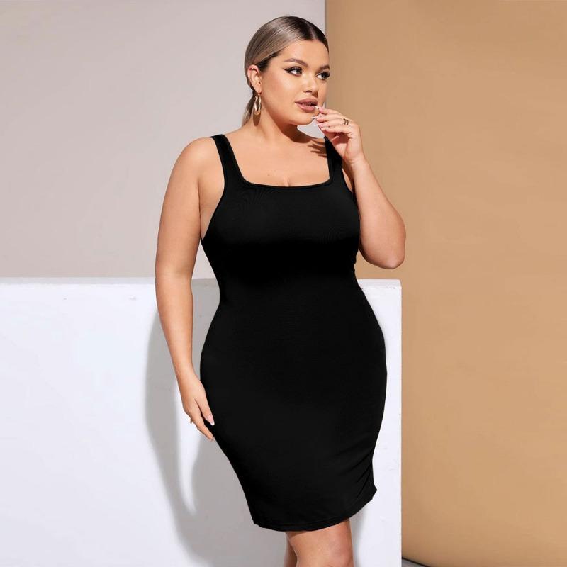 Casual Square Neck Sleeveless Dresses for Female Solid Color Plus