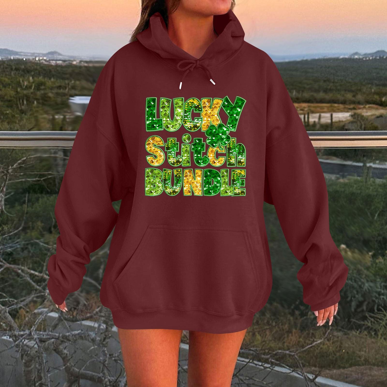 

Женская мода круглый вырез St. Повседневная толстовка с капюшоном и длинными рукавами с принтом Патрика M винный