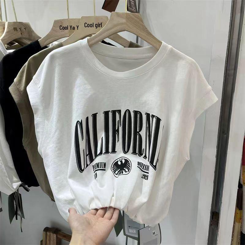 Damski bawełniany T-shirt bez rękawów w stylu europejskim - Letni, podkreślający talię, dopasowany, luźny top z okrągłym dekoltem