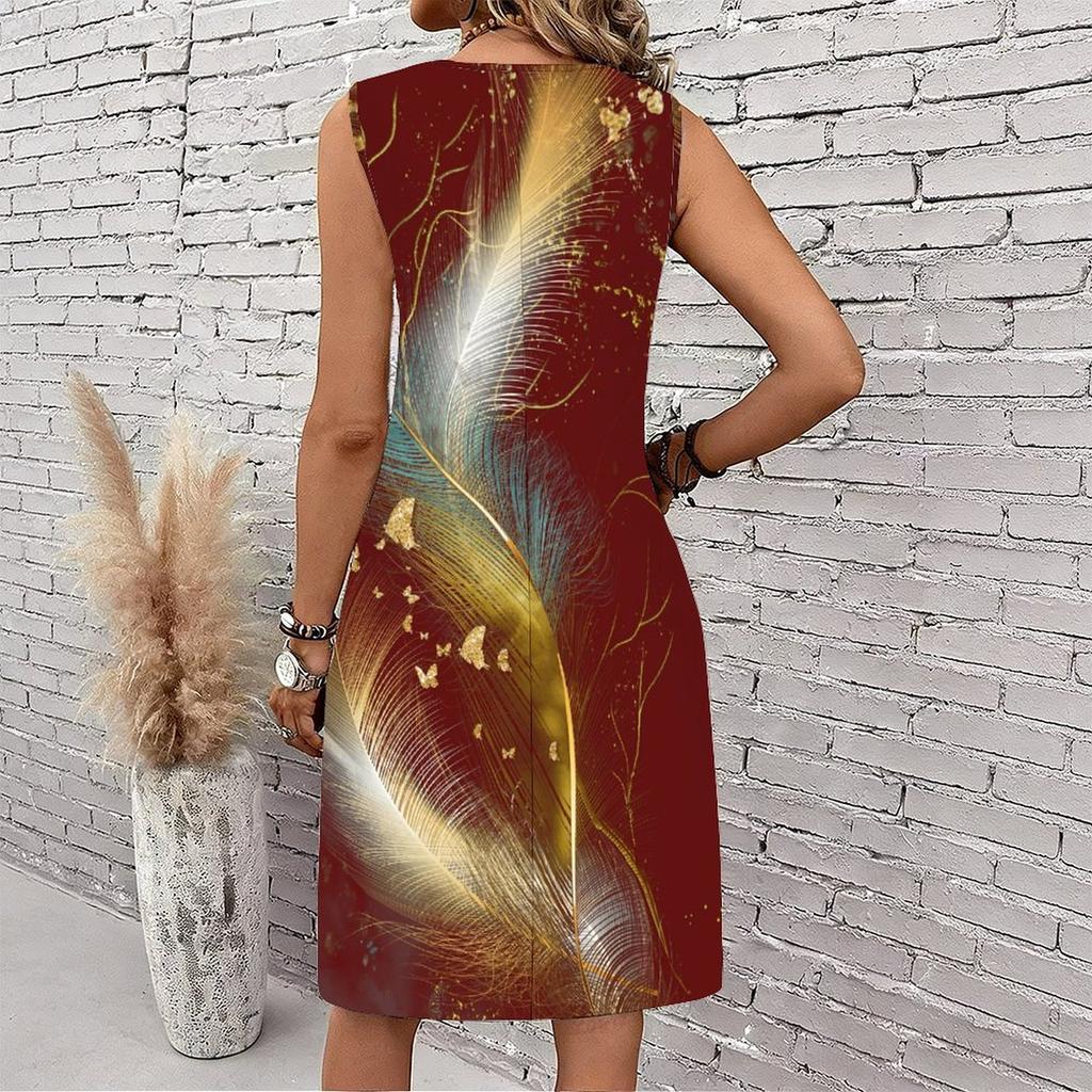 Plus Size V Neck Sleeveless Dress Cloudy Mountain Waterfall Art Print For Scenic Mountain Journey