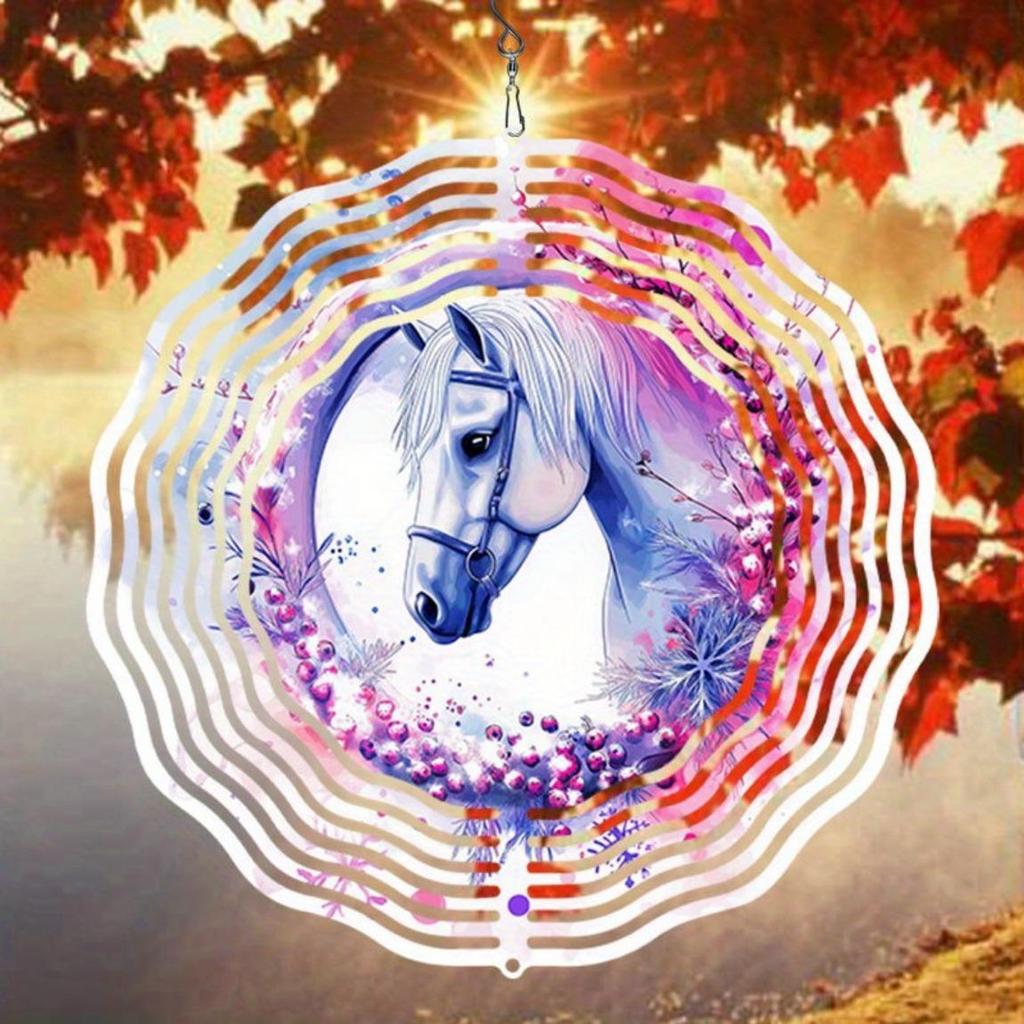 Western Cowboy Horse Metal Wind Chime Outdoor Garden Decor with Pink Purple Floral Design Durable Hanging Ornament for Patio Porch Fence