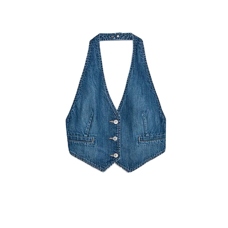 

Джинсовые топы с открытой спиной и воротником-хомут 8197065 Хлопковая рваная джинсовая мини-юбка средней посадки 8727090 Blue Tops L