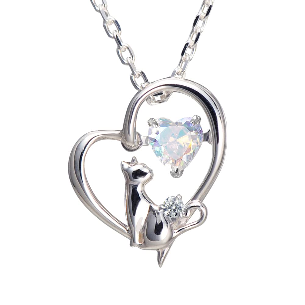 

WEB Limited Color Necklace Heart Cat Dancing Stone Silver Selectable Birthstone [Mirai Angel] Women s [Aurora] (April Diamond)