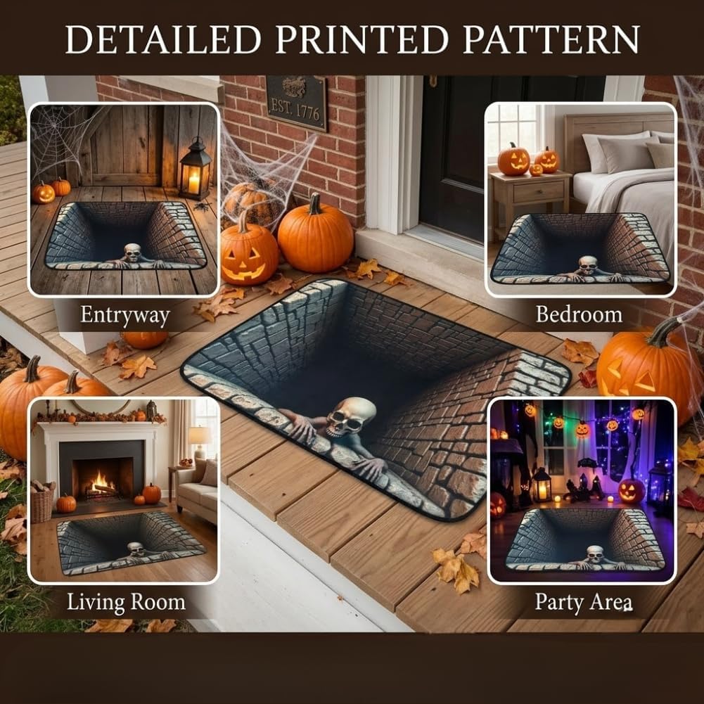 Alfombra 3D de Halloween Alfombrilla Ilusión de Esqueleto Espeluznante Para Decoración del Hogar Alfombrilla de Esqueleto Antideslizante Para Dormitorios Salas de Estar Entradas y Fiestas