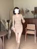 [Original Practice] Small V-neck Waist Pleated Dress for Women's Spring and Autumn Long-sleeved Slim-fitting Short Hip Wrap