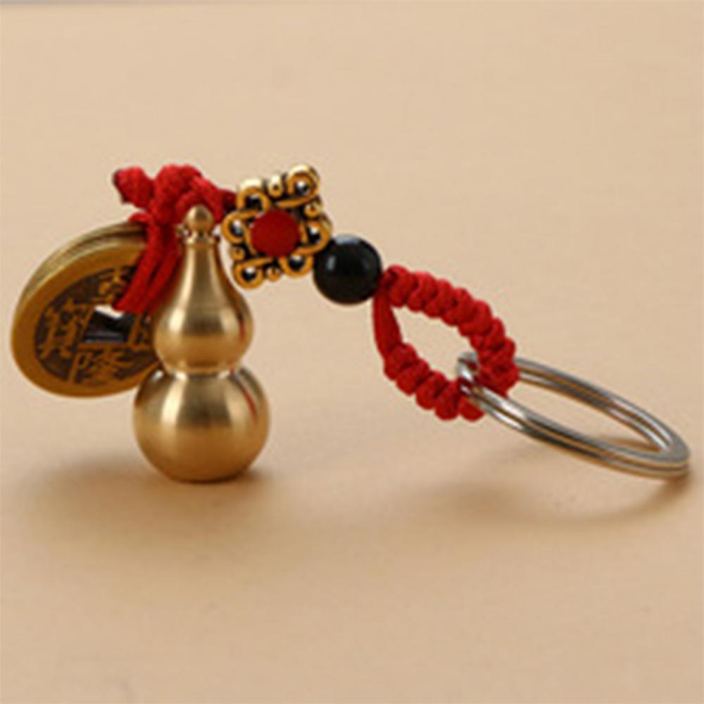 Vintage Lucky Finely Crafted Pure Copper Gourd With Five Emperors CoinsKeychain Charm Feng Shui Keyring Wealth-Attracting Decor