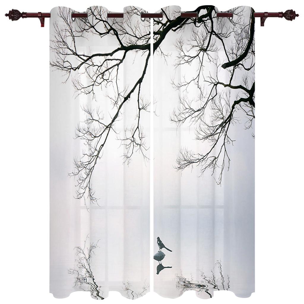 Chinese Style Tree Winter Bird Reflection Window Curtains for Living Room Kids Bedroom Valance Curtains Kitchen Window Drapes